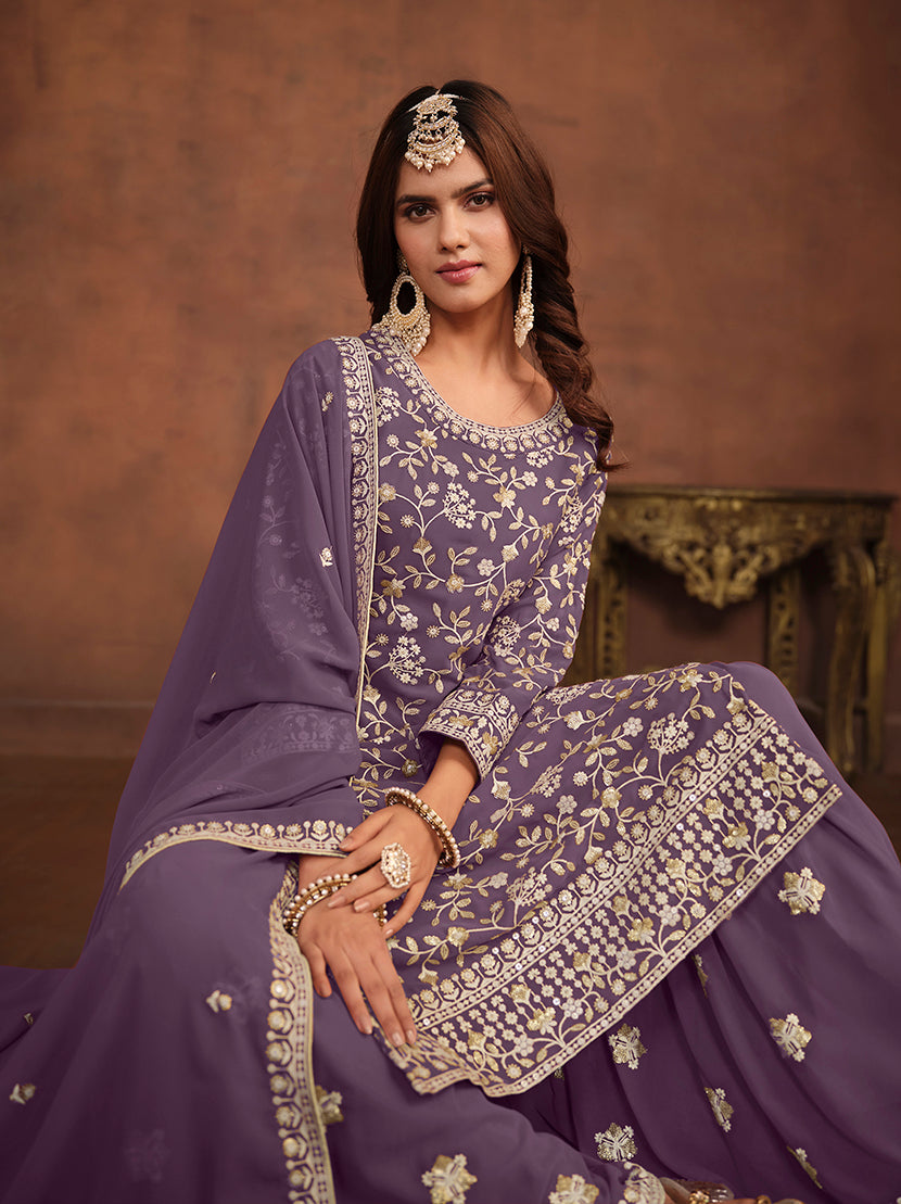 Dark Violet Faux Georgette Embelished Salwar Kameez - Monjolika Fashion