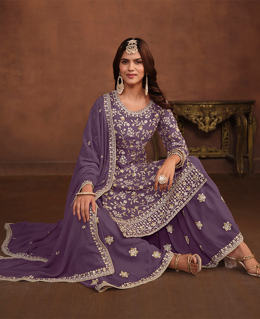 Dark Violet Faux Georgette Embelished Salwar Kameez - Monjolika Fashion