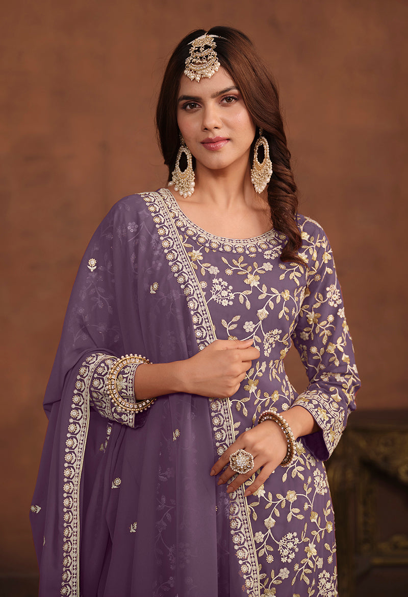 Dark Violet Faux Georgette Embelished Salwar Kameez - Monjolika Fashion