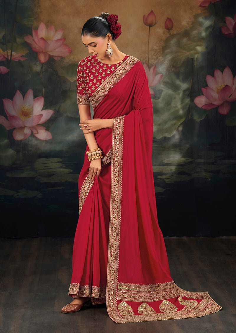 Red Silk Blend Saree with Embroidered Heritage Pallu, front