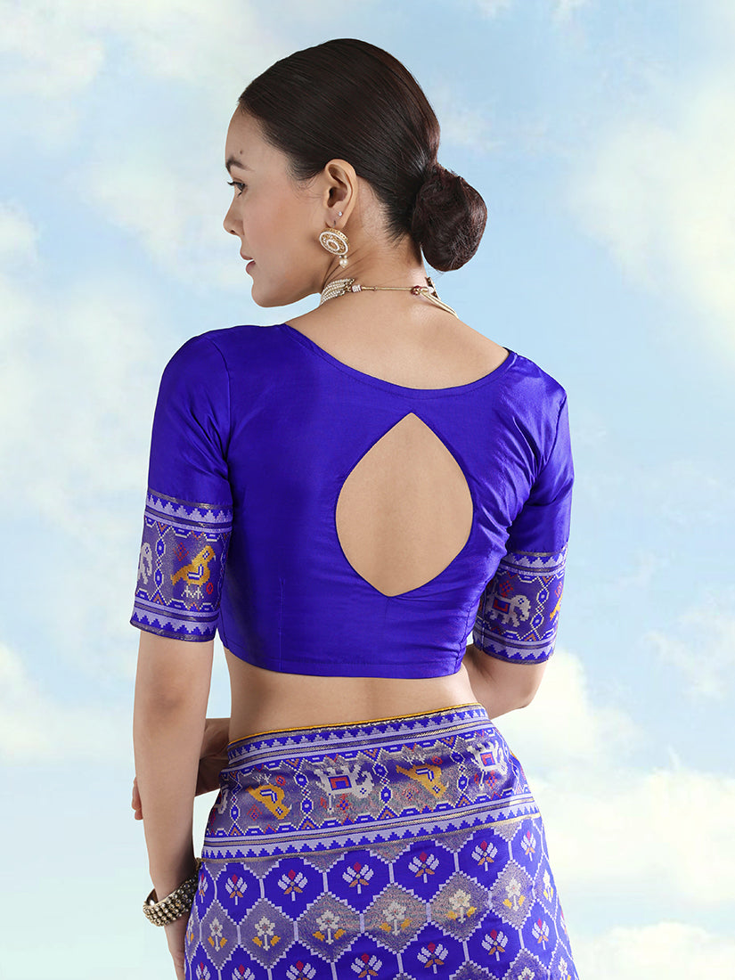 Navy Blue Patola-Style Satin Saree with Elephant Motifs, blouse back