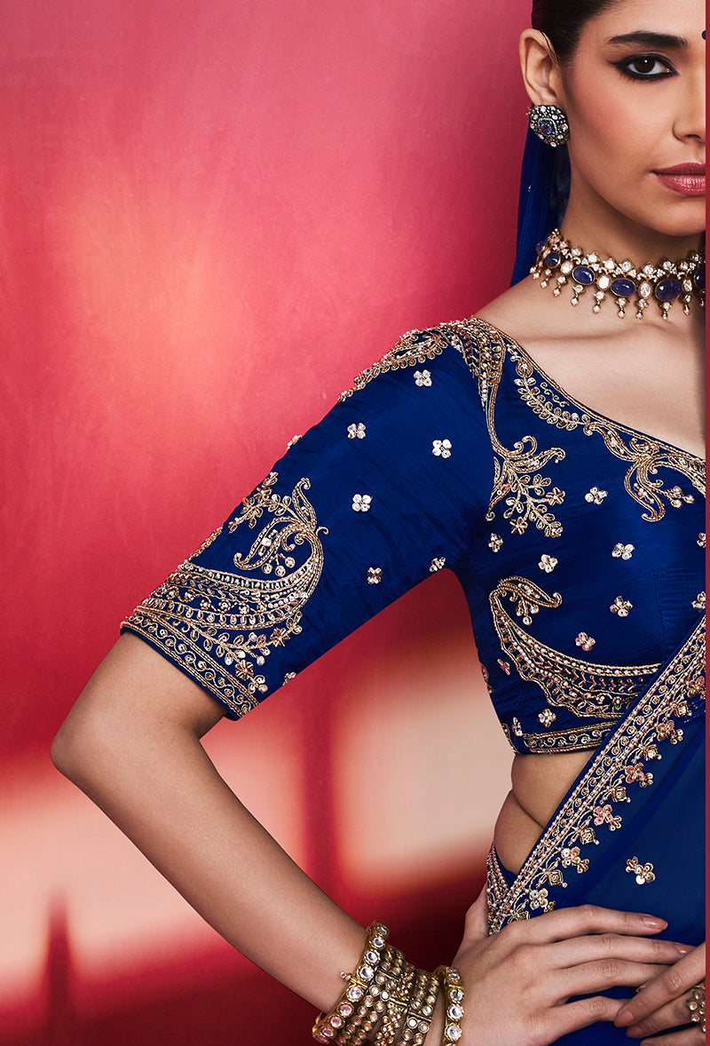 Royal Blue Silk Blend Saree with Embroidered Blouse, blouse front