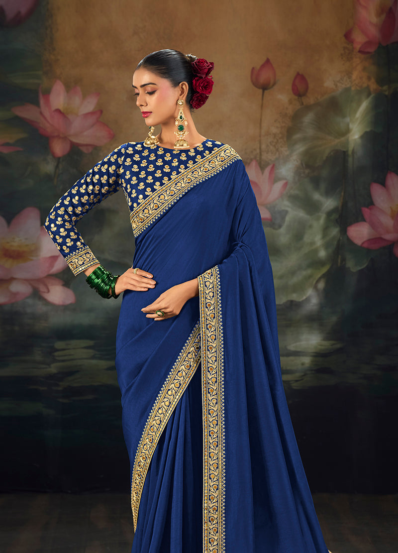 Royal Blue Silk Blend Saree with Zari Scroll Border, side drape