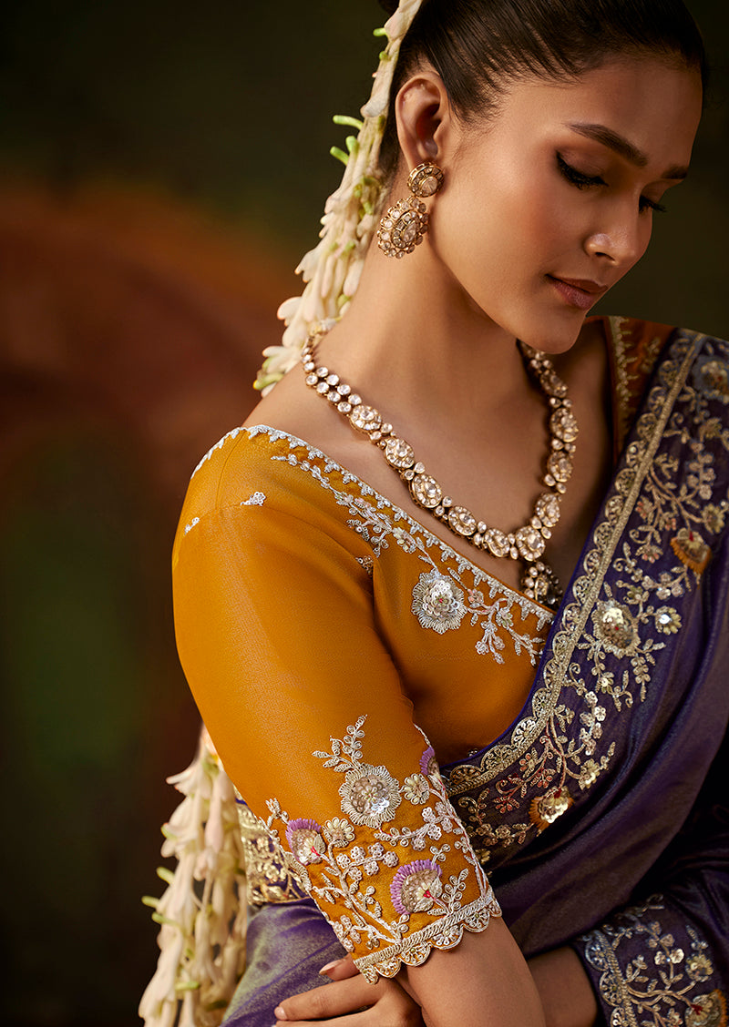 Violet Faux Tissue Saree with Embroidered Scalloped Border, blouse front