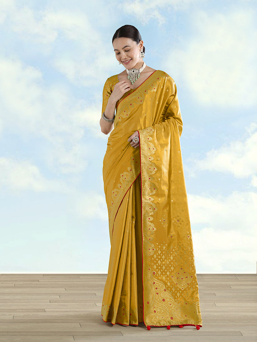Mustard Tissue Silk Saree with Zari Paisley Pallu, front drape