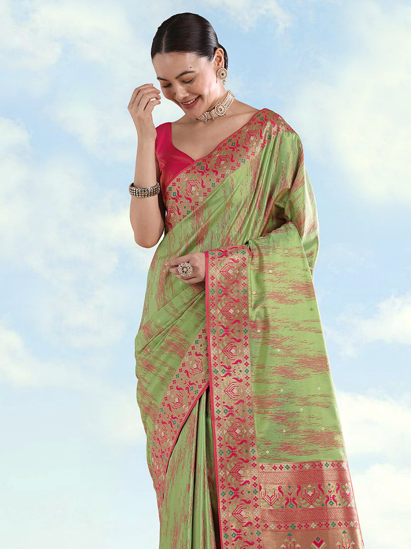 Light Green Paithani-Style Tissue Silk Saree with Contrast Border, three-quarter view