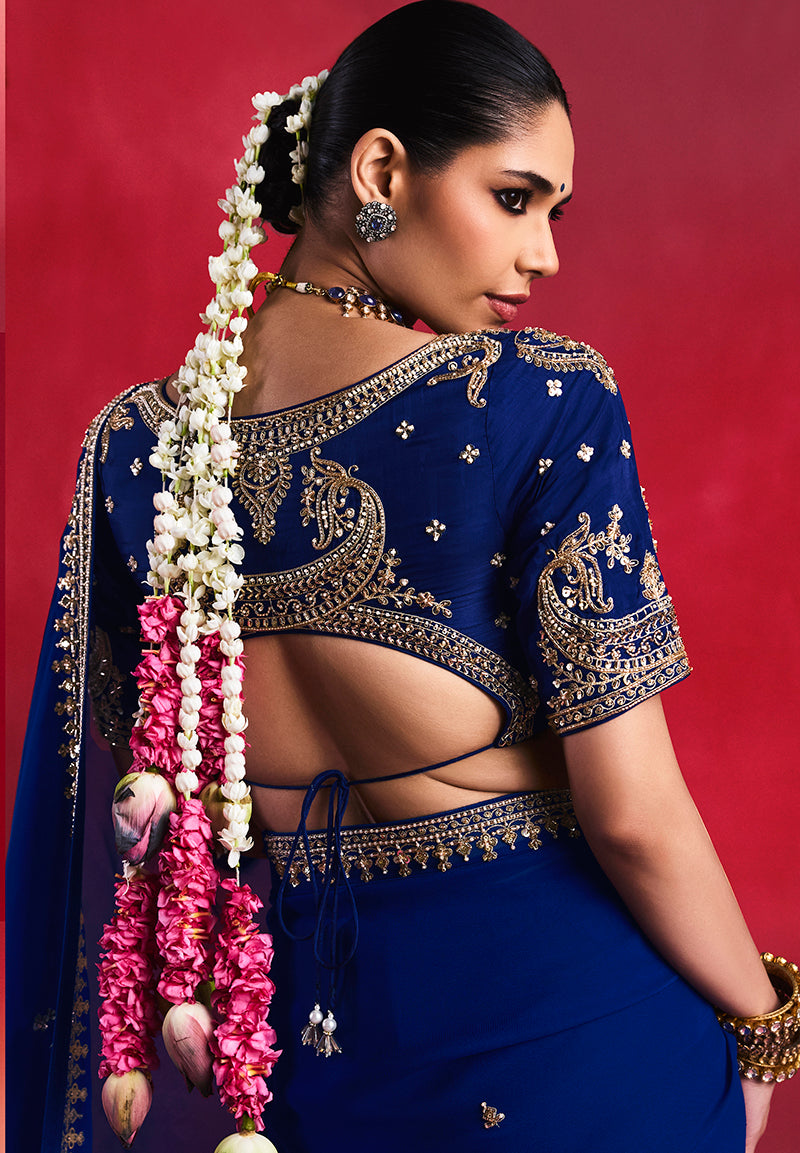 Royal Blue Silk Blend Saree with Embroidered Blouse, blouse back
