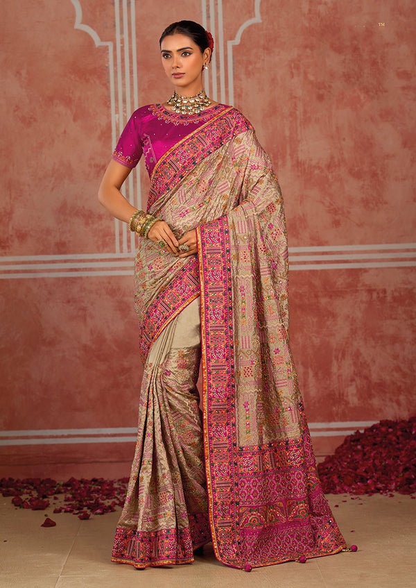 Beige Silk Blend Saree with Floral Sprigs, front