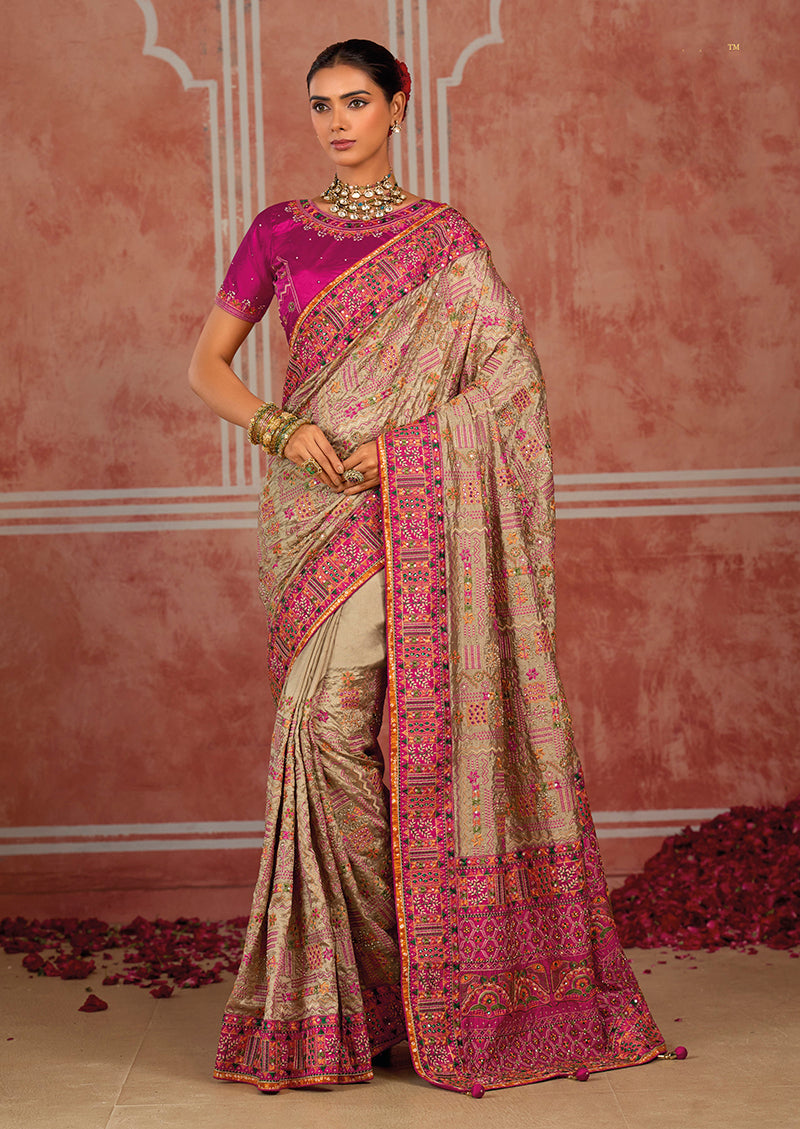 Beige Silk Blend Saree with Floral Sprigs, front