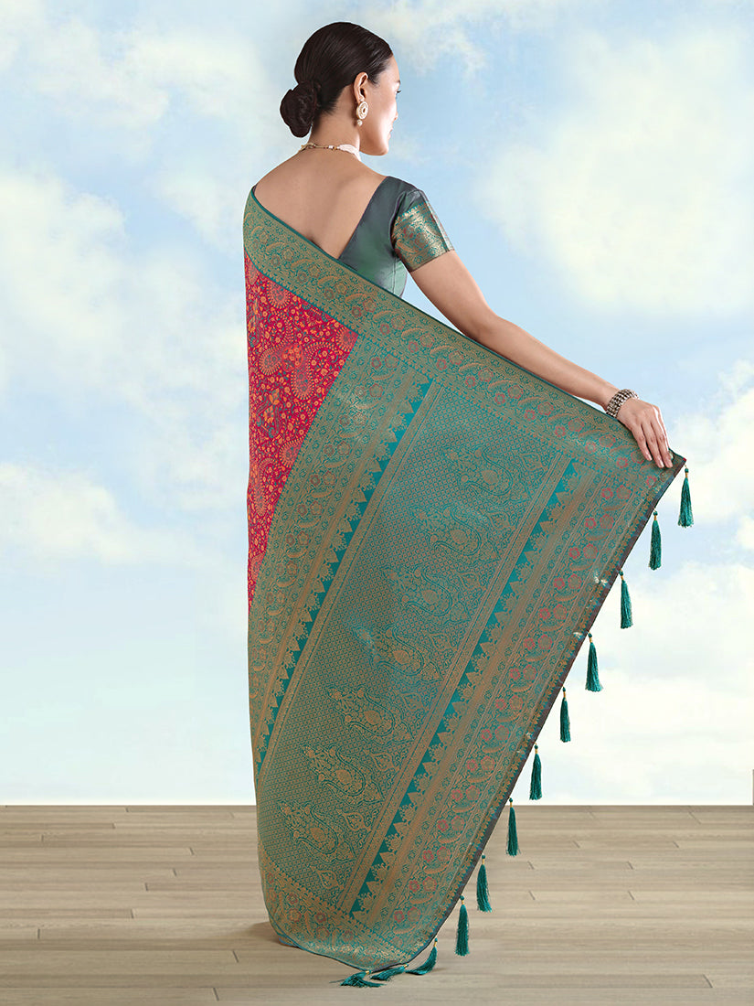 Rani Pink Banarasi-Style Silk Blend Saree with Paisley Weave, back with pallu