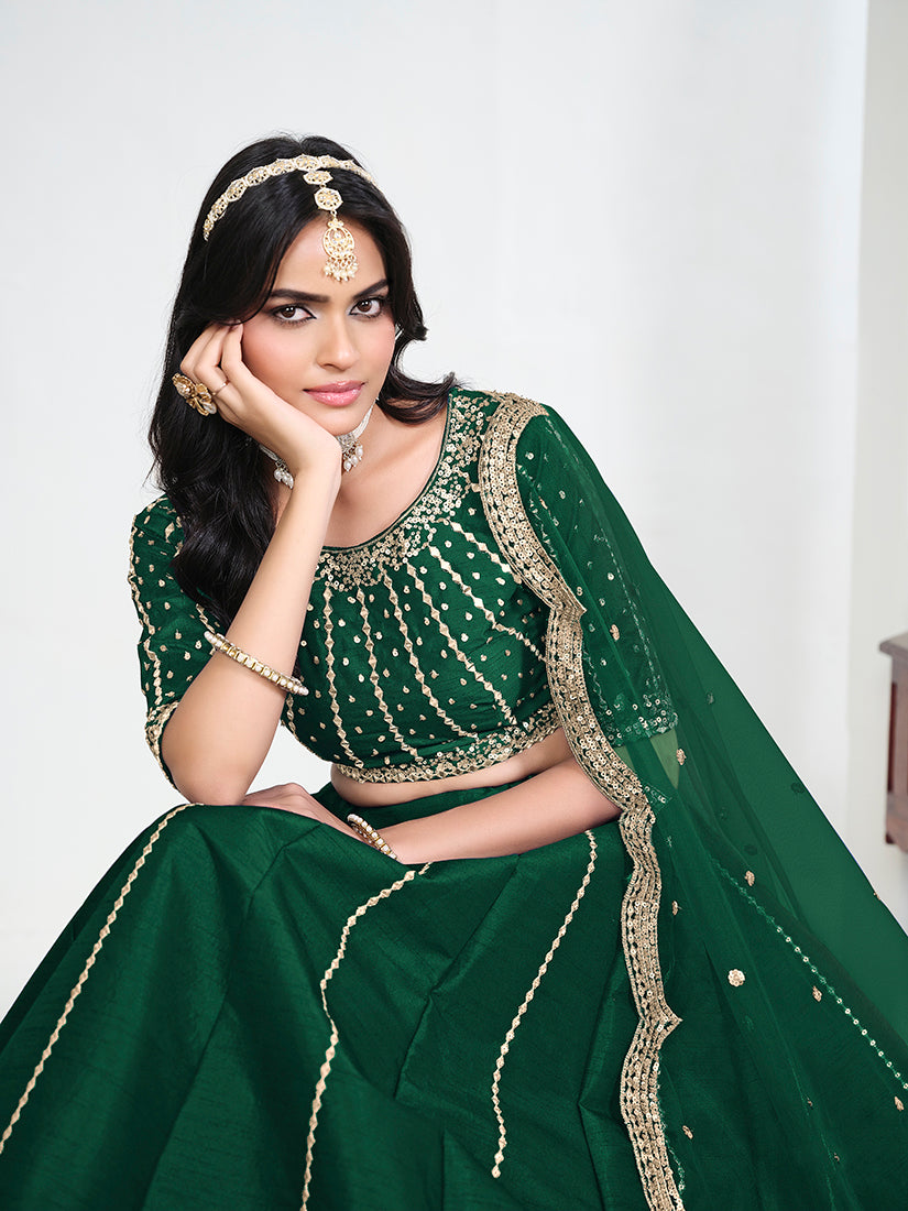 Green Art Silk Embroidered Lehenga Choli, choli close-up