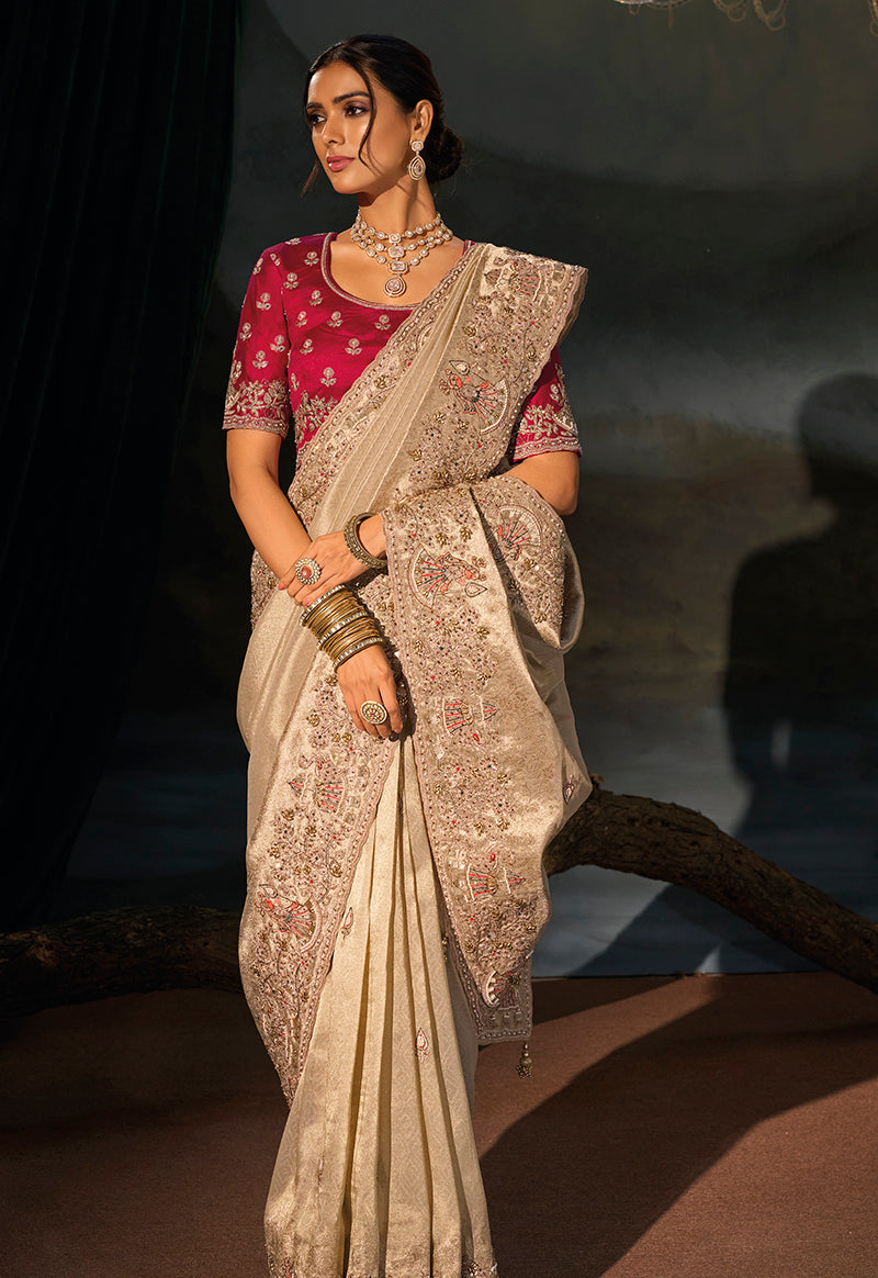 Beige Silk Blend Saree with Stone and Sequin Accents, front with pallu drape