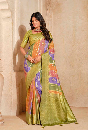 Light Green Silk Blend Saree with Woven Zari Motifs