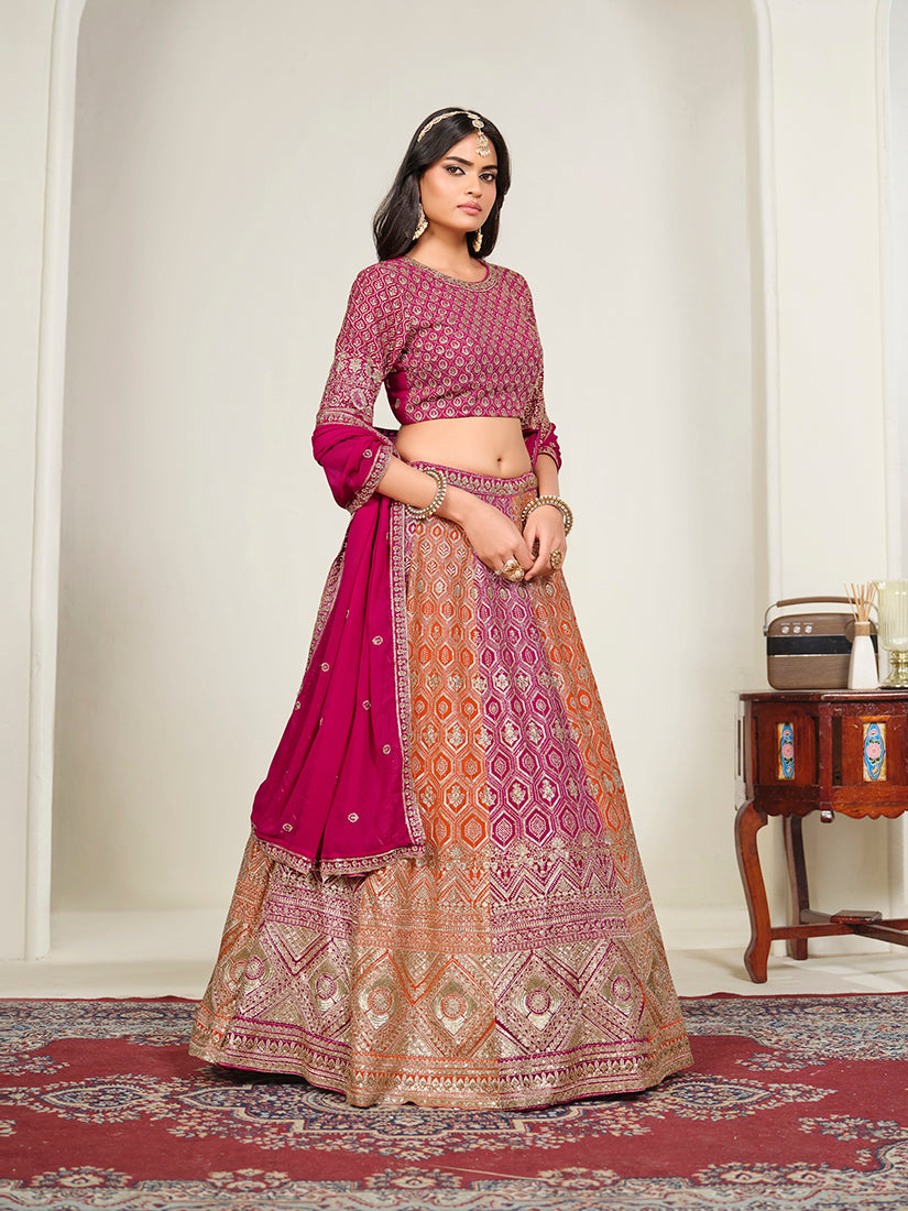 Rani Pink Georgette Embroidered Lehenga Choli, side