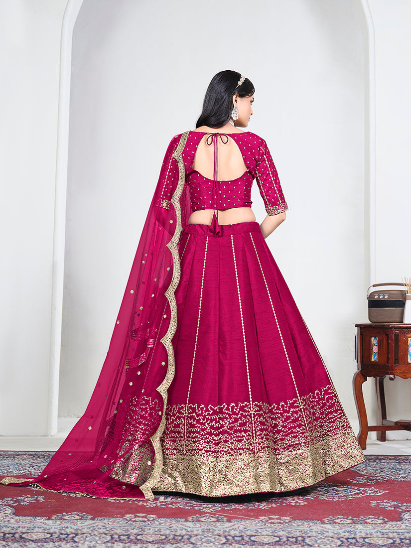 Rani Pink Art Silk Embroidered Lehenga Choli, back