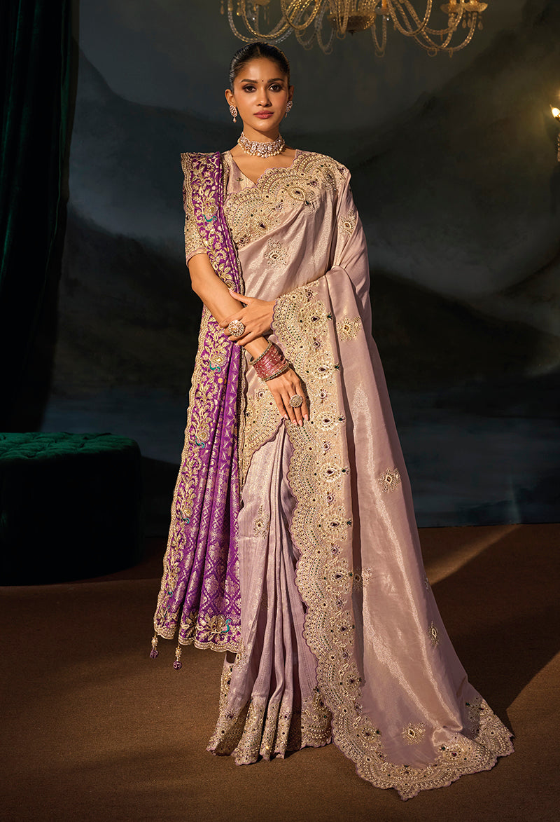 Lilac Silk Blend Saree with Embellished Scalloped Border, front
