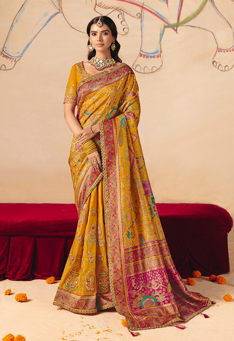 Mustard Silk Blend Saree with Contrast Embroidered Pallu, front