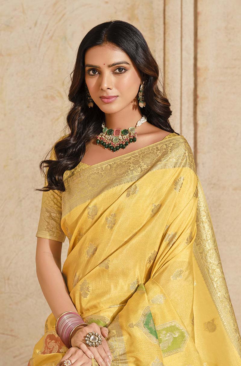 Yellow Silk Blend Saree with Woven Zari Motifs, pallu close-up