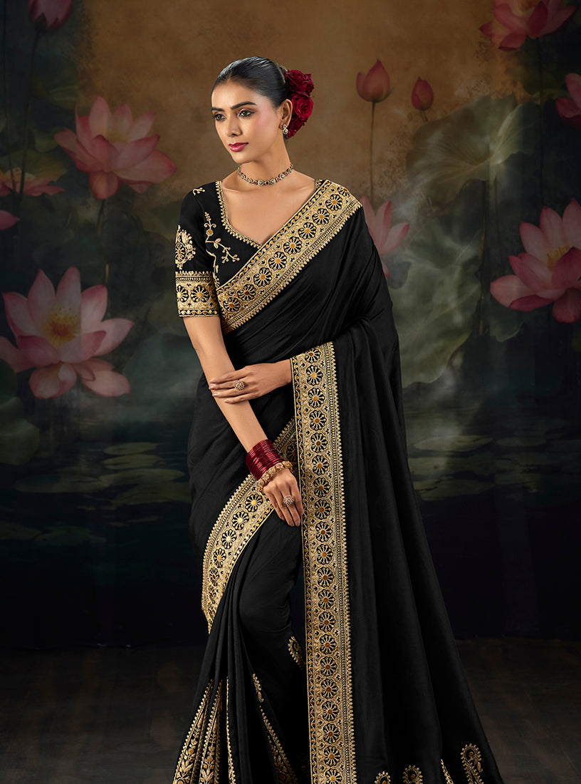Black Silk Blend Saree with Circular Motif Pallu, side drape
