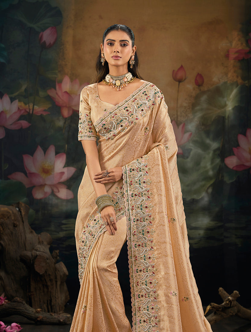 Peach Kanjivaram-Style Silk Saree with Embroidered Pallu, side drape