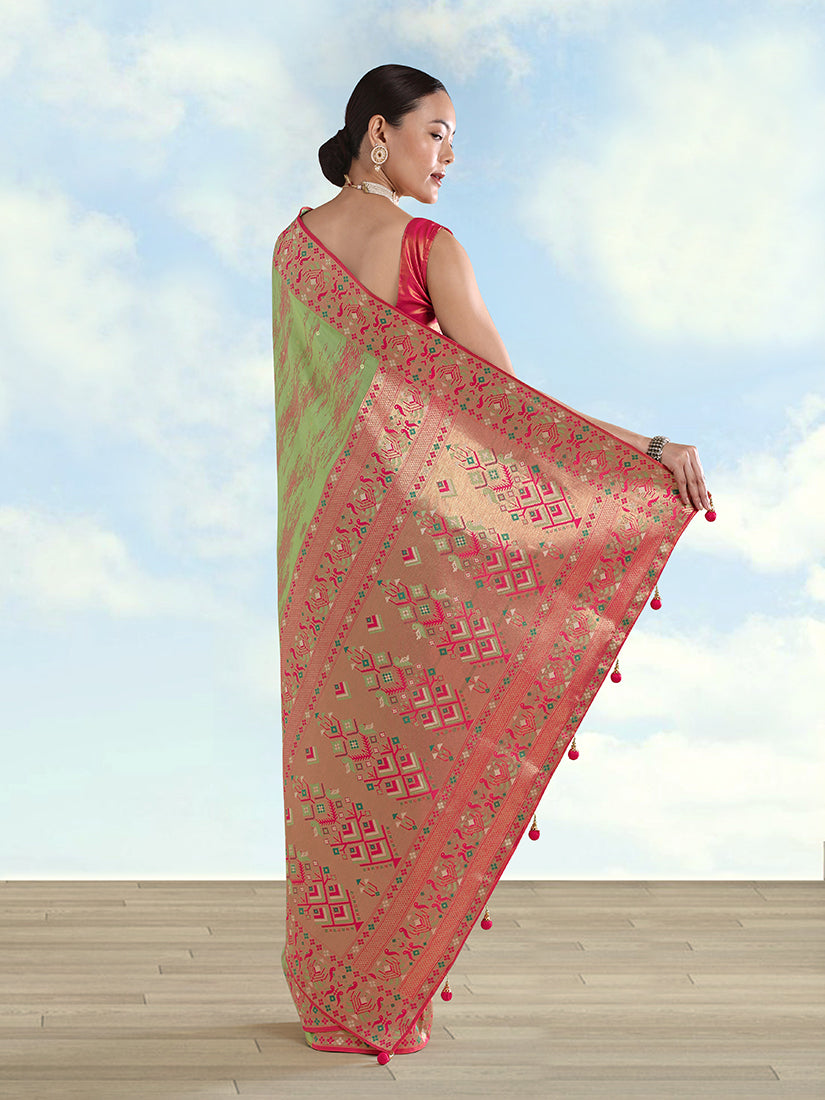Light Green Paithani-Style Tissue Silk Saree with Contrast Border, back with pallu