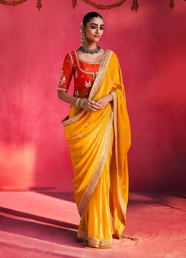 Mustard Yellow Silk Blend Saree with Red Blouse, front