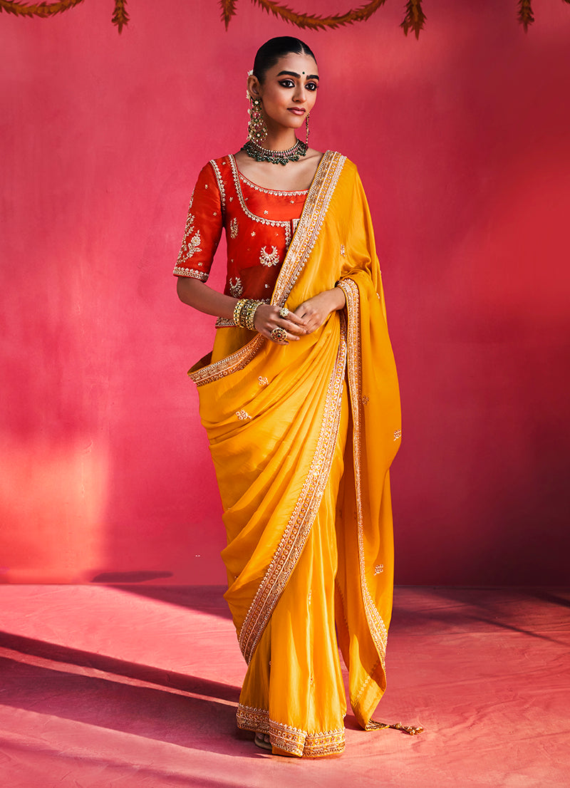 Mustard Yellow Silk Blend Saree with Red Blouse, front