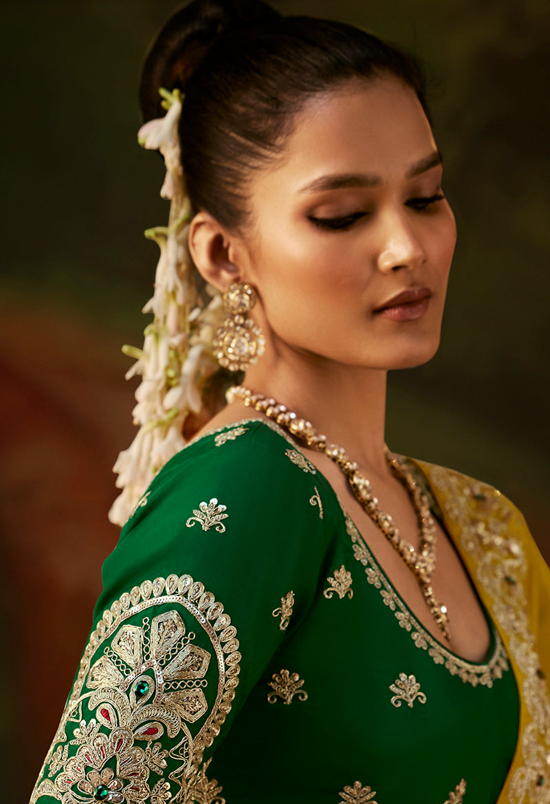 Mustard Faux Tissue Saree with Embroidered Scalloped Border, blouse sleeve close-up