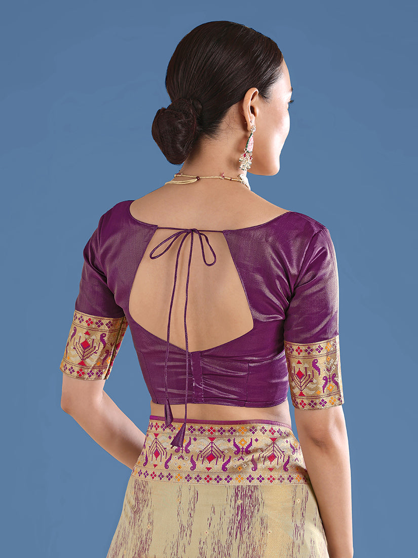 Beige Paithani-Style Tissue Silk Saree with Contrast Border, blouse back