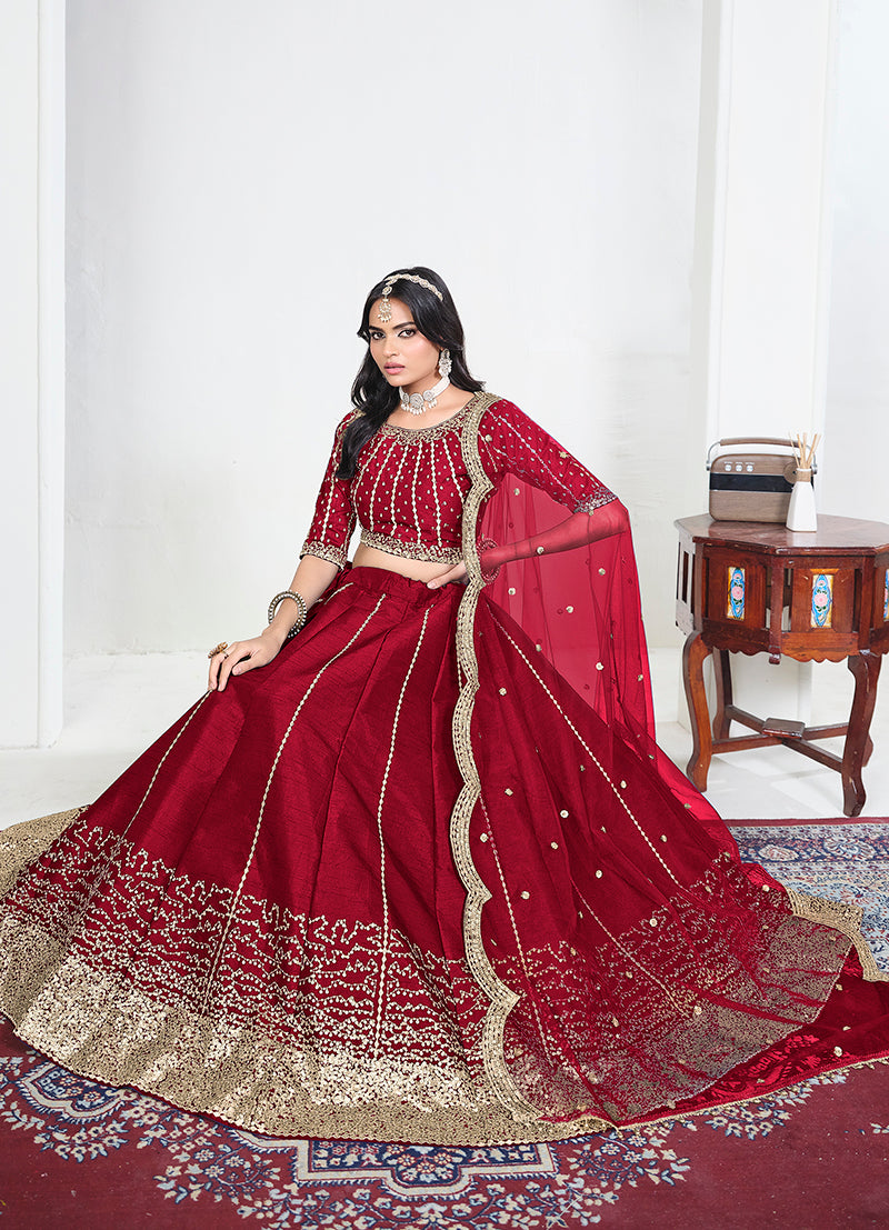 Red Art Silk Embroidered Lehenga Choli, seated view