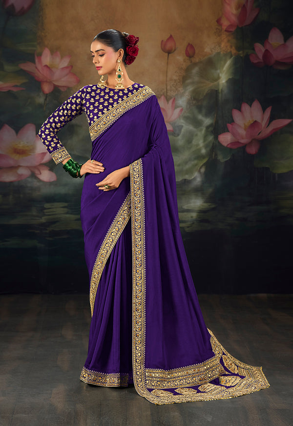Purple Silk Blend Saree with Floral Scroll Border, front