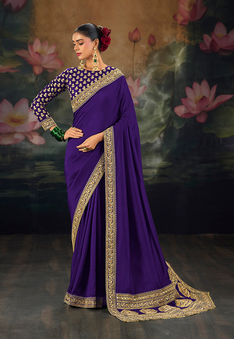 Purple Silk Blend Saree with Floral Scroll Border, front