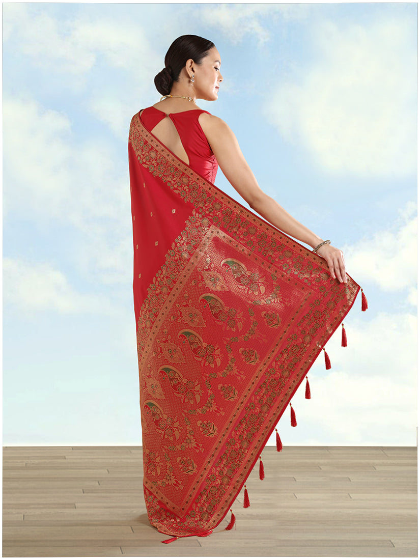 Red Banarasi-Style Satin Saree with Peacock Pallu, back with pallu