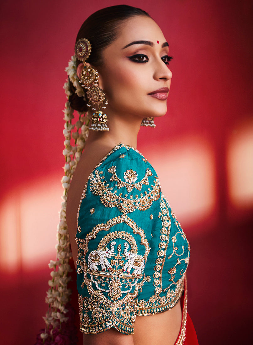 Red Silk Blend Saree with Teal Blue Blouse, blouse detail
