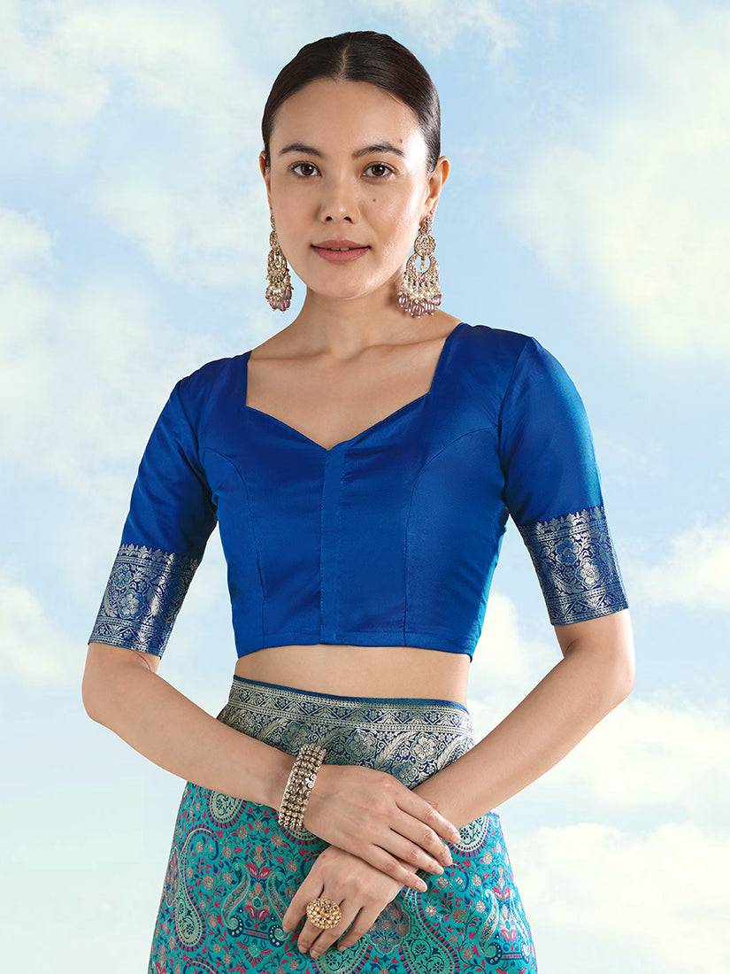 Turquoise Banarasi-Style Silk Blend Saree with Paisley Weave, blouse front