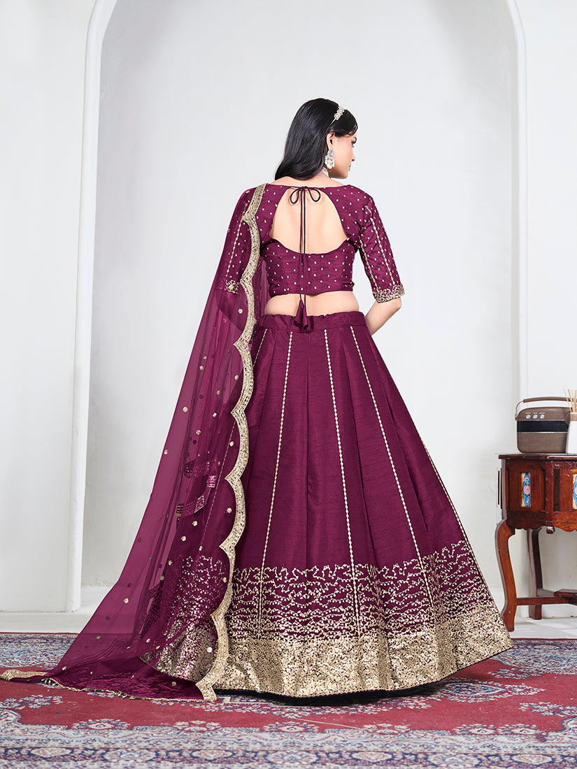 Wine Art Silk Embroidered Lehenga Choli, back