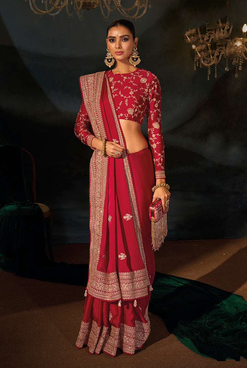 Red Satin Saree with Embroidered Border, blouse and border close-up