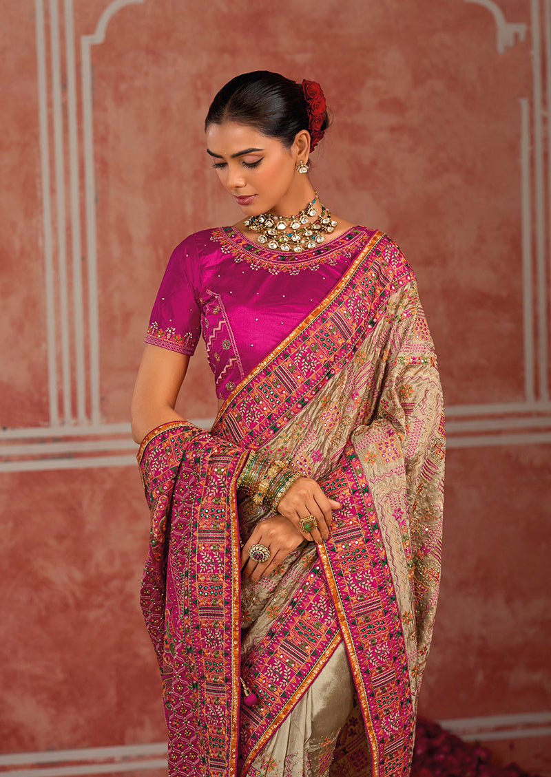 Beige Silk Blend Saree with Floral Sprigs, full length drape