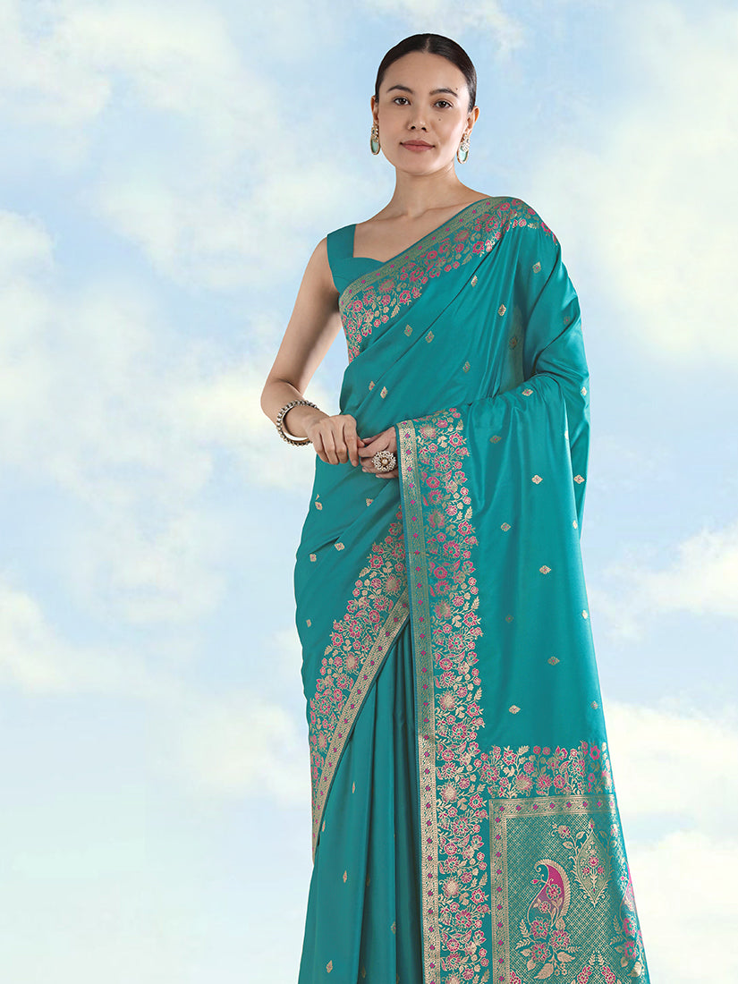 Turquoise Banarasi-Style Satin Saree with Peacock Pallu, three-quarter view