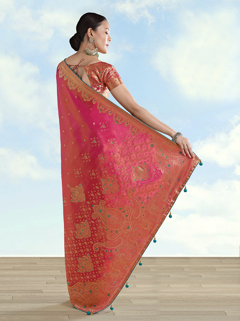 Red Tissue Silk Saree with Zari Paisley Pallu, back with pallu