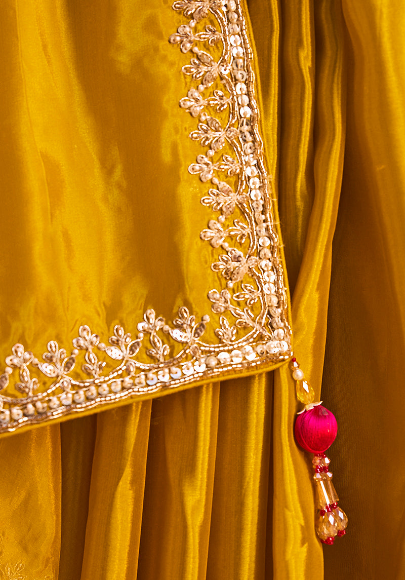 Mustard Yellow Silk Blend Saree with Rani Pink Blouse, border close-up