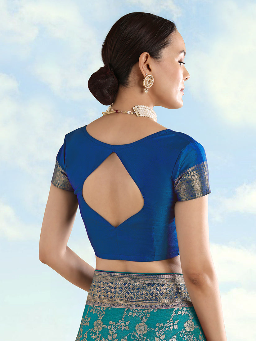 Turquoise Banarasi-Style Silk Blend Saree with Dancer Motif Pallu, blouse back