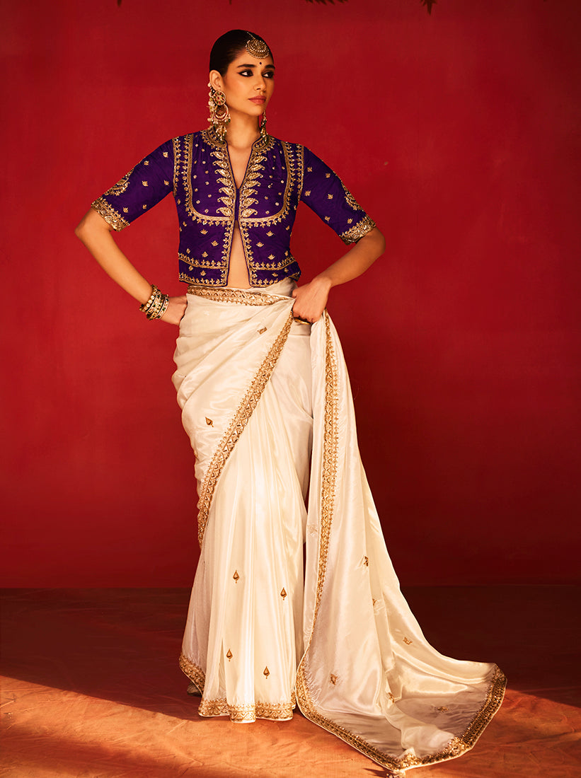 White Silk Blend Saree with Purple Blouse, front drape