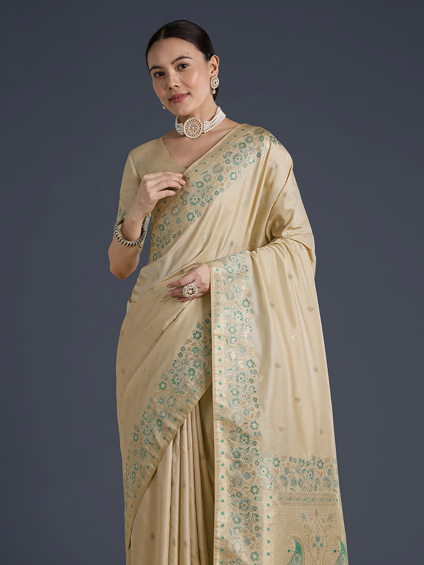 Cream Banarasi-Style Satin Saree with Peacock Pallu, three-quarter view