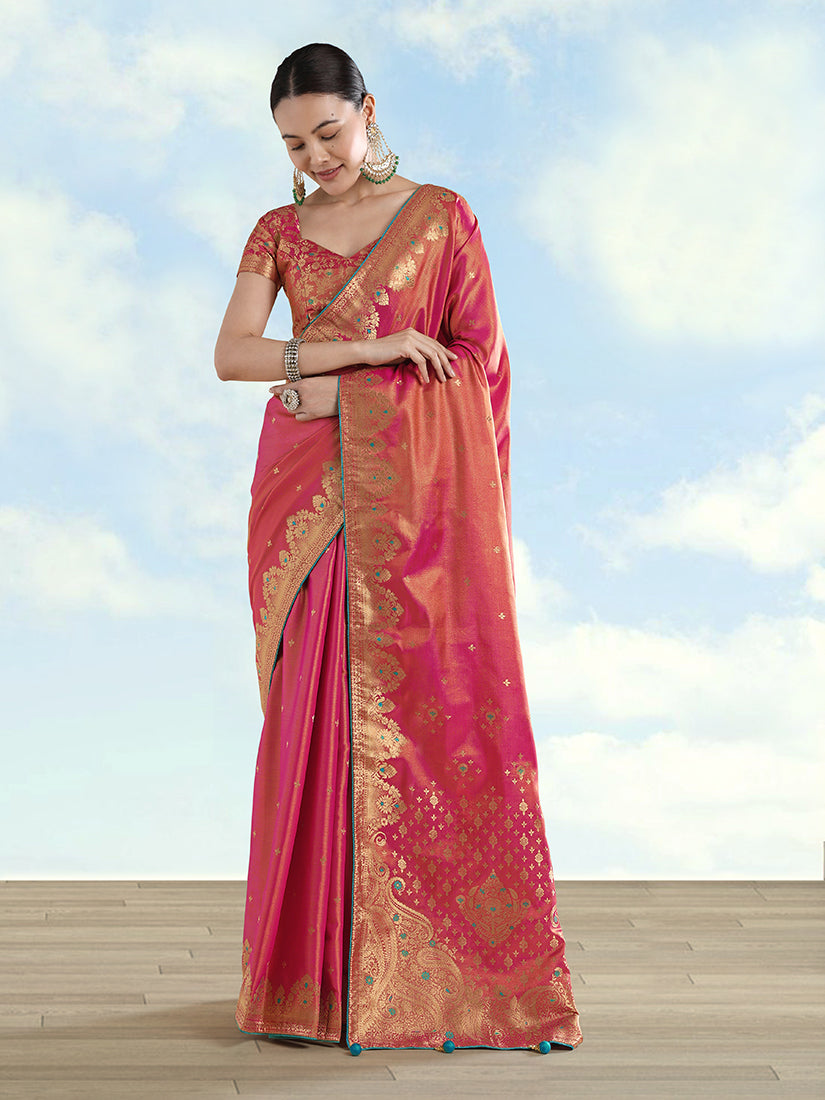 Red Tissue Silk Saree with Zari Paisley Pallu, front drape
