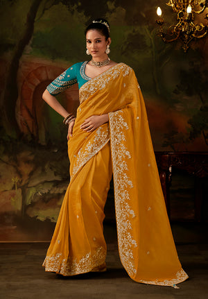 Mustard Yellow Faux Tissue Saree with Embroidered Scalloped Border