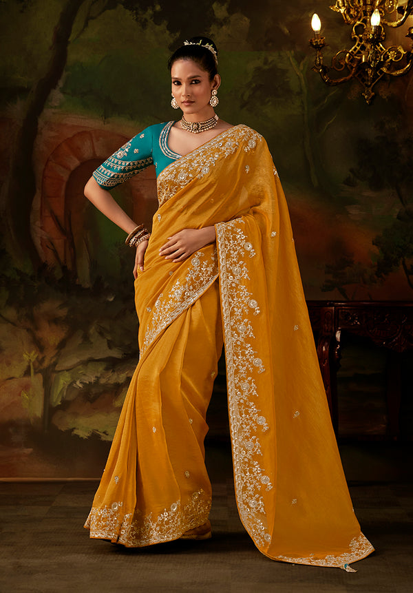Mustard Yellow Faux Tissue Saree with Embroidered Scalloped Border, front