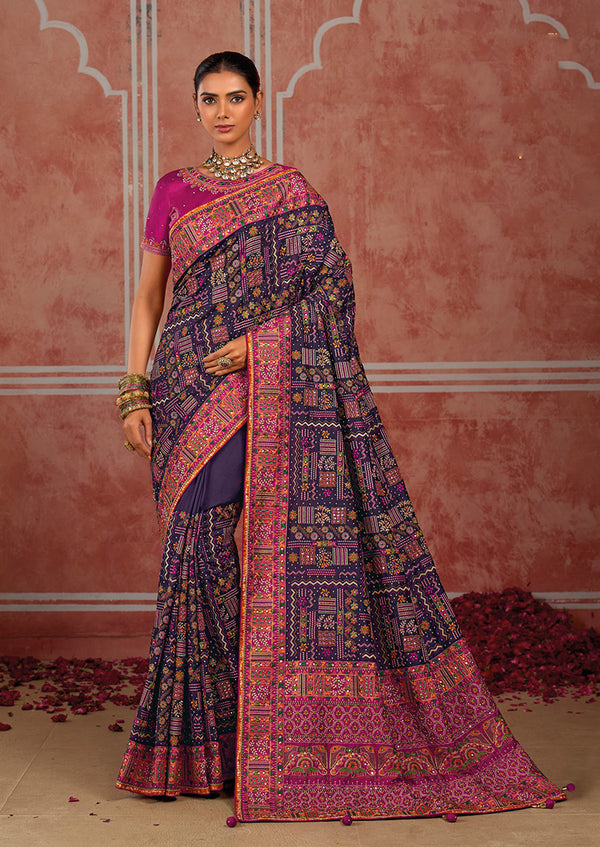 Navy Blue Silk Blend Saree with Embroidered Border, front