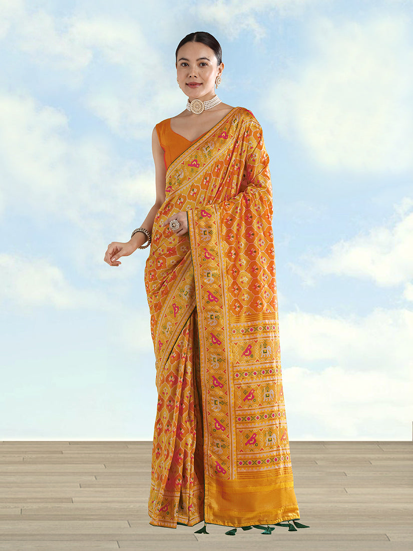 Mustard Patola-Style Satin Saree with Elephant Motifs, front drape