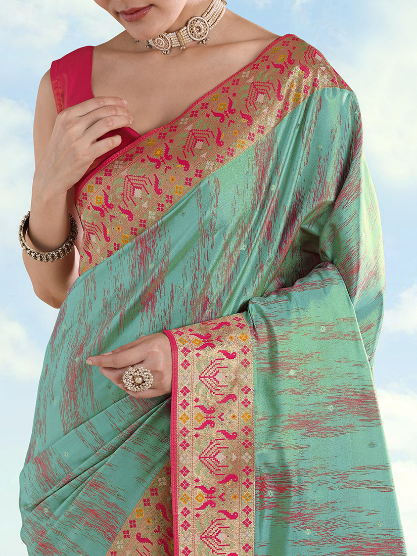 Sky Blue Paithani-Style Tissue Silk Saree with Contrast Border, border close-up